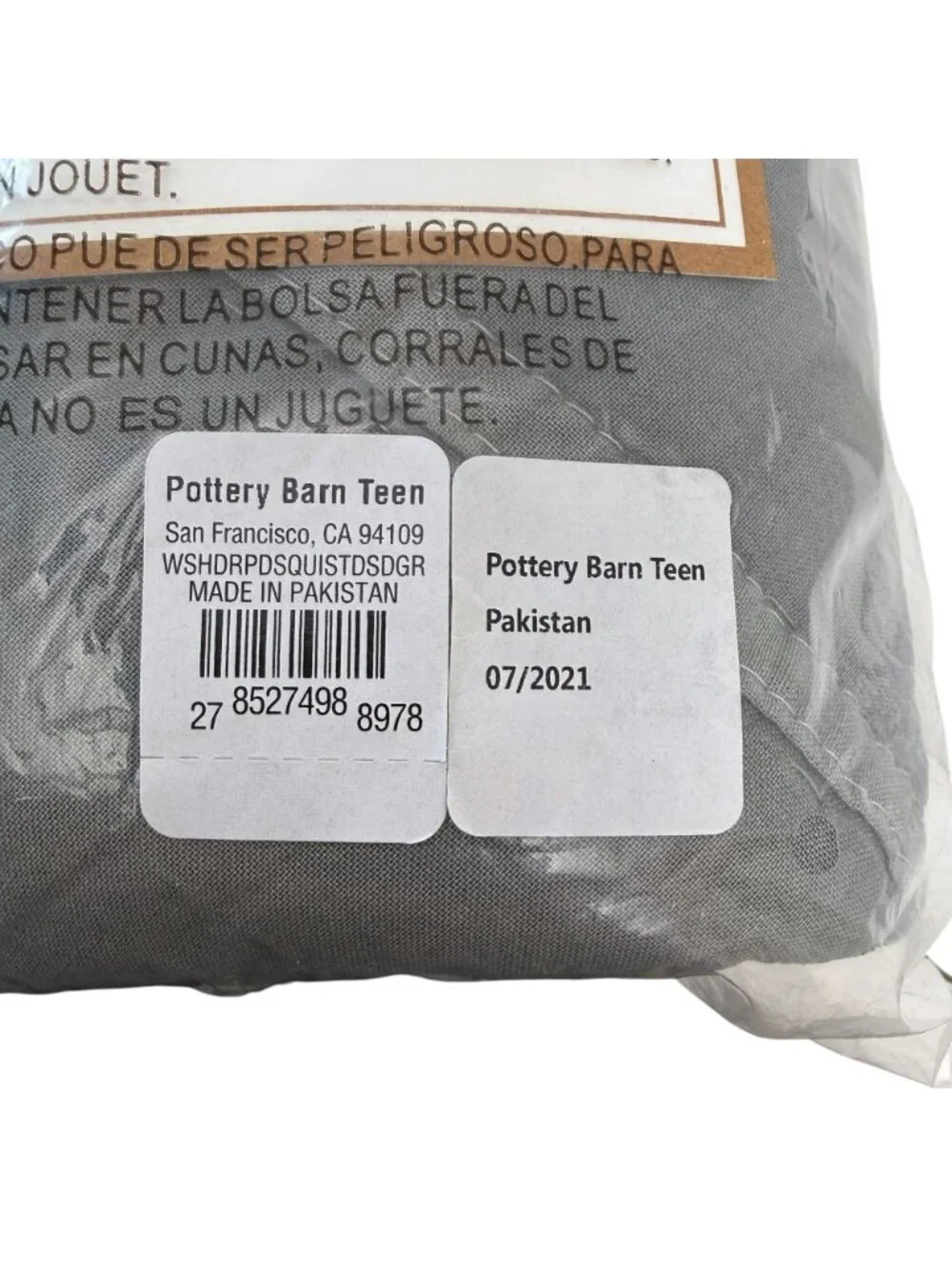 Pottery Barn Teen Pillow Sham Quilted Standard Size Washed Rapids Gray  NWT